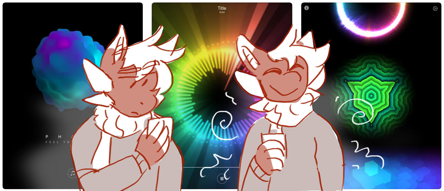 Three screenshots of the app Phazr's colorful graphics, with my dragon friend Serrano standing in front of them holding a vibrating phone.