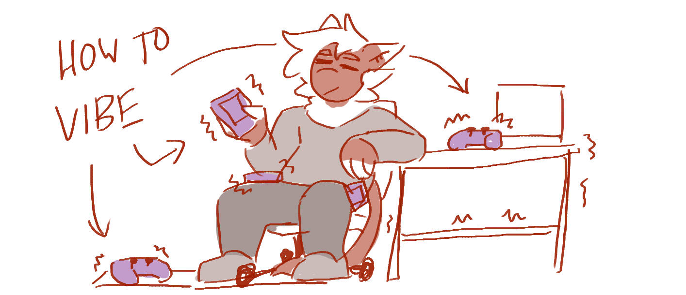 Serrano sitting on a chair at a desk. There are vibrating phones and controllers everywhere.